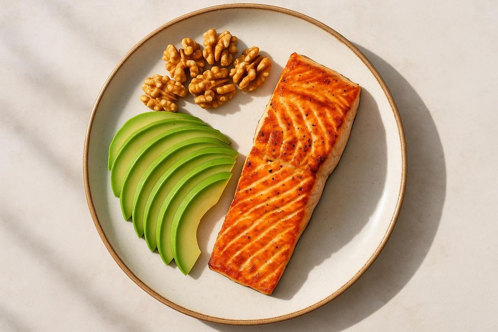 Plate featuring salmon, avocado, and walnuts as a nutrition source for the brain