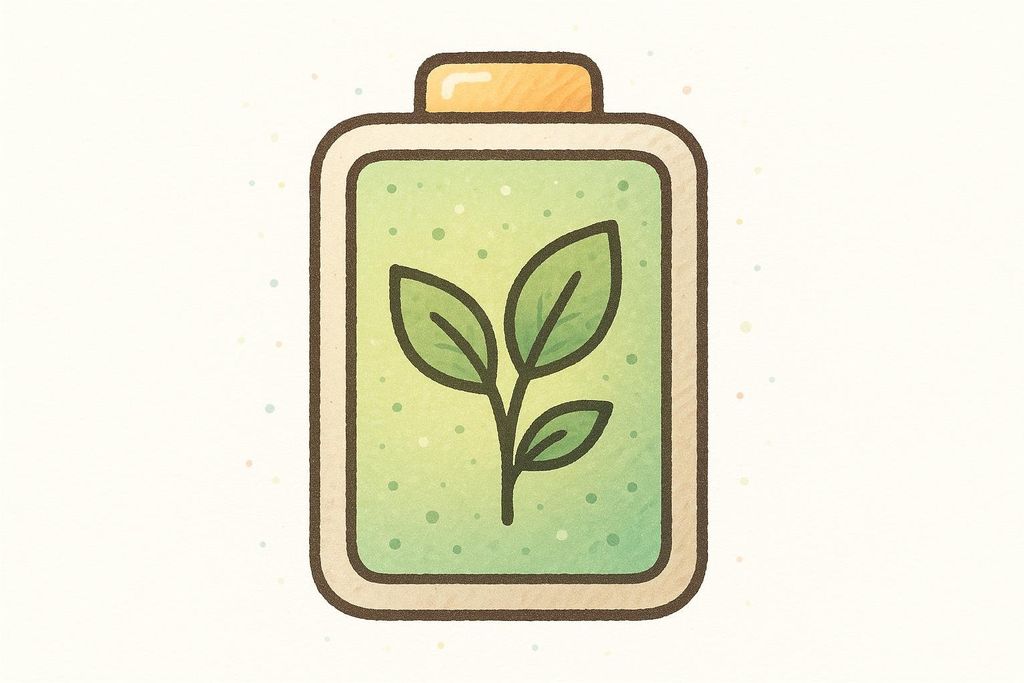 An illustration of a battery icon with green liquid and a small plant sprout inside, symbolizing eco-friendly energy and vitality. The background is a soft, textured off-white with faint colored specks.
