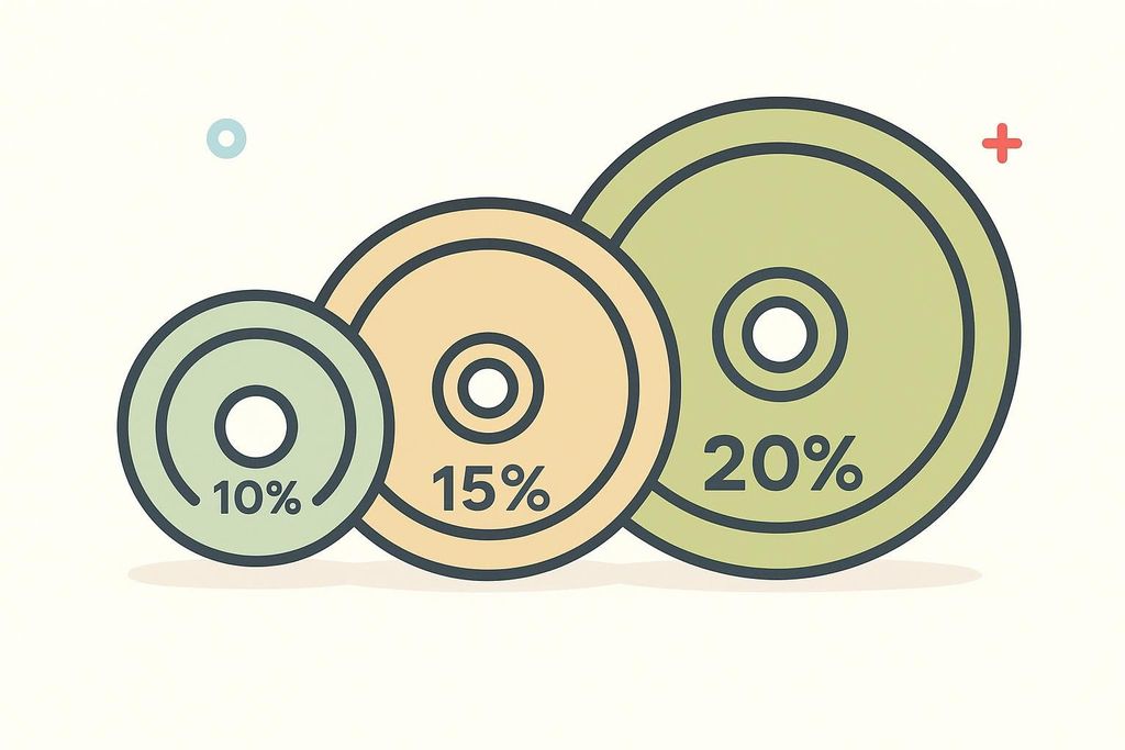 Three circular weight plates of increasing size, labeled 10%, 15%, and 20% respectively. The smallest (10%) is green, the middle (15%) is tan, and the largest (20%) is a darker green. They are arranged in a line, smallest to largest, from left to right.