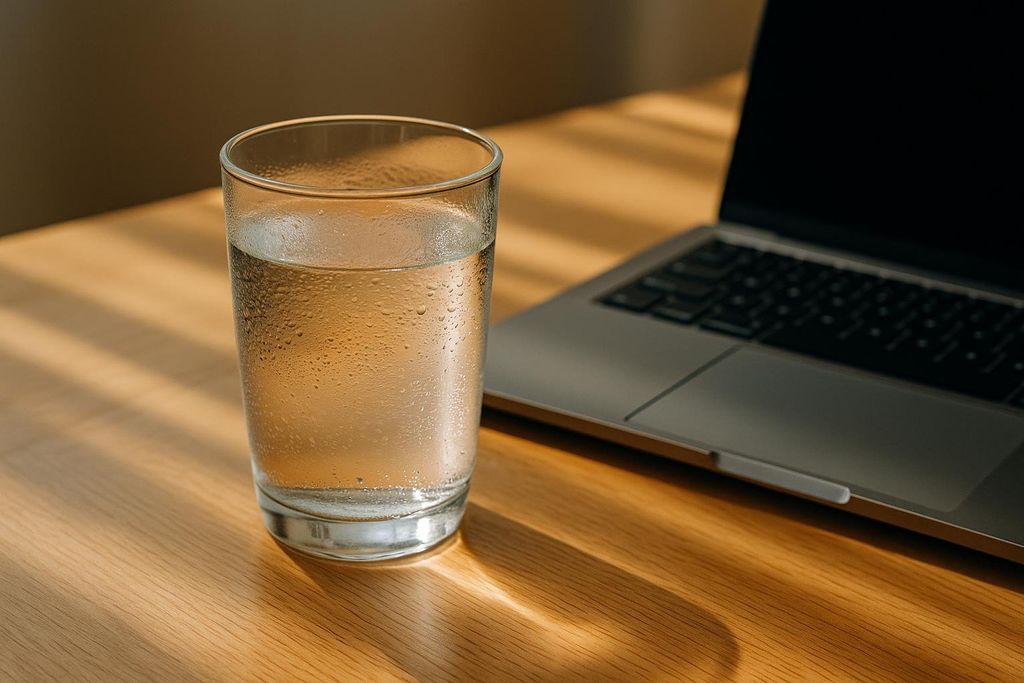 A clear glass of water with condensation sits on a wooden desk next to a silver laptop. Warm sunlight shines across the desk, creating striped shadows.