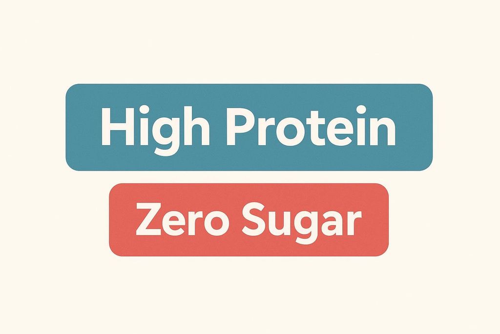 An infographic with two rounded rectangles. The top rectangle is blue and says 'High Protein' in white text. The bottom rectangle is red and says 'Zero Sugar' in white text.