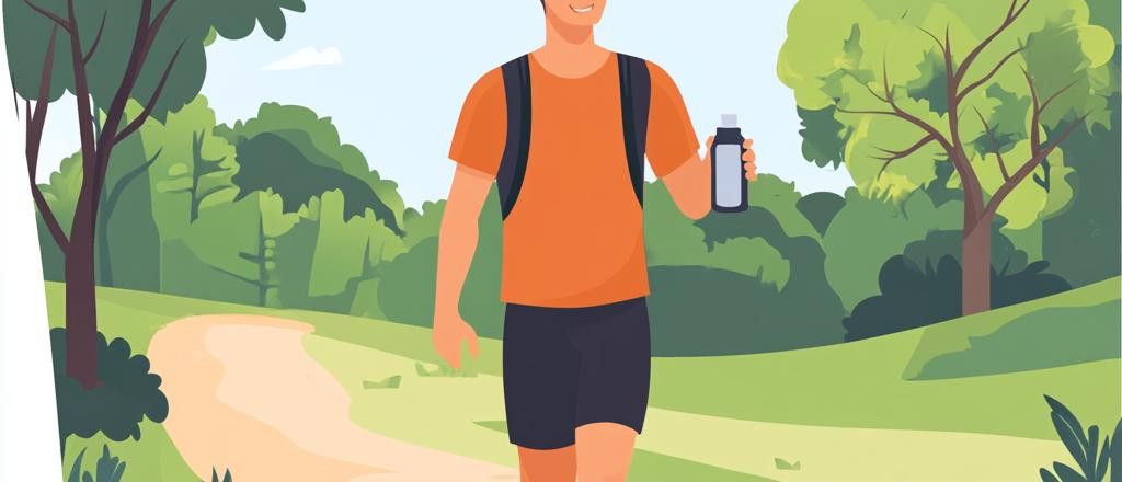 An illustrated man with a backpack walks on a path in a park, holding a water bottle.
