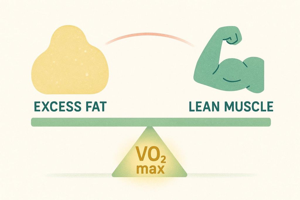 An abstract illustration of a seesaw balancing lean muscle against excess fat, showing the impact of body composition on VO₂ max. The fulcrum of the seesaw is labeled 'VO2 max'.