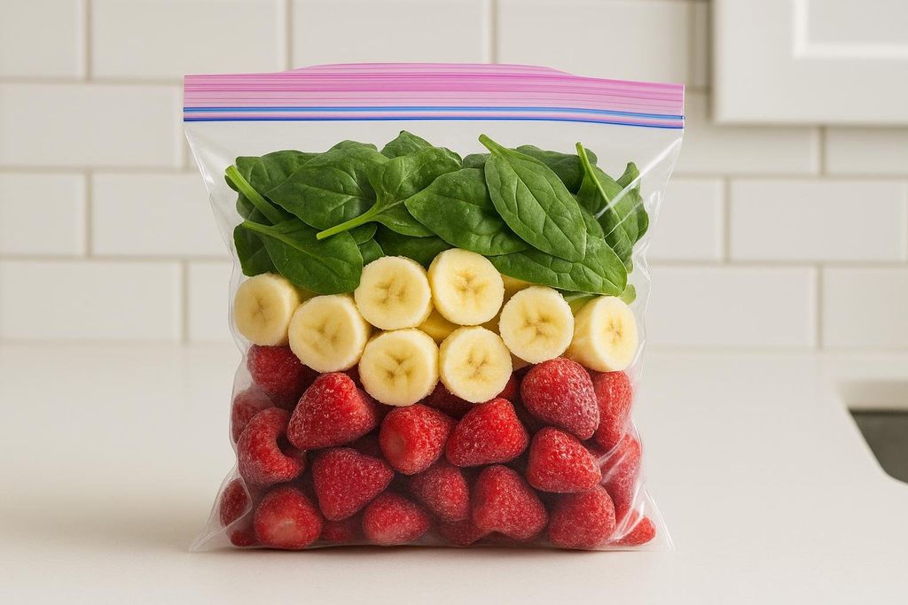 A clear freezer bag filled with layers of smoothie ingredients: fresh spinach, sliced bananas, and frozen strawberries, ready for blending. The bag stands upright on a white counter with white subway tile in the background.