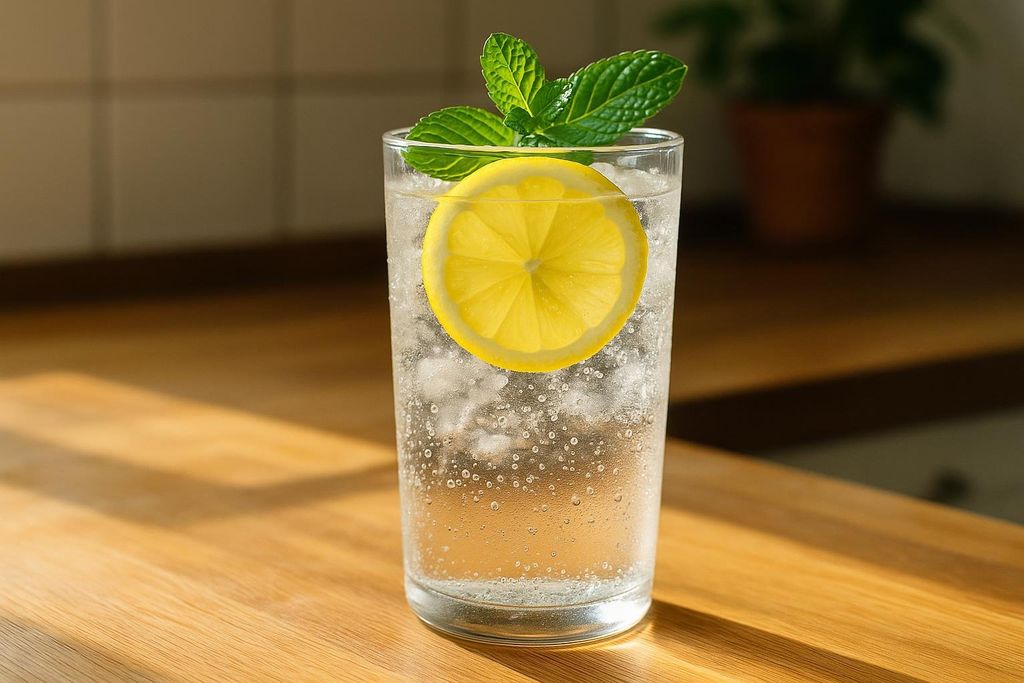 A refreshing glass of fruit-infused water on a kitchen counter