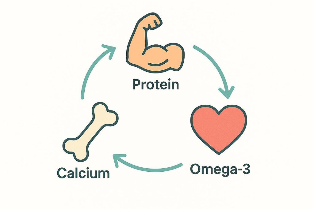 A diagram showing the benefits of Protein, Omega-3, and Calcium. Protein is represented by a flexing bicep, Omega-3 by a heart, and Calcium by a bone. Arrows indicate a cyclical relationship between these nutrients.