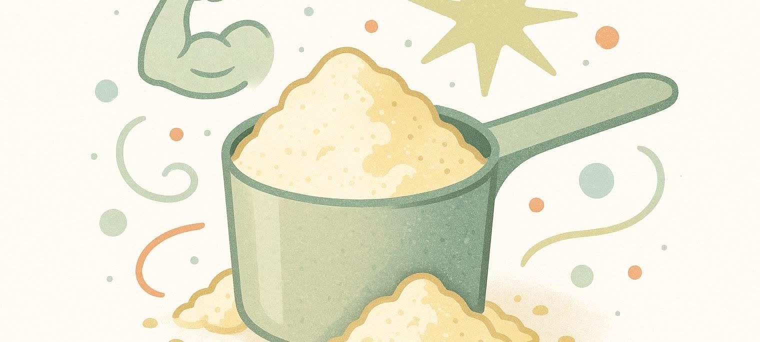 An illustration of a powder scoop overflowing with abstract energy particles.