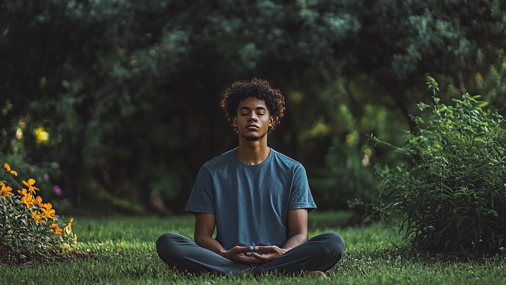 A young man with afro hair sits in a lotus position on grass, eyes closed, meditating in a park with trees and yellow flowers in the background.