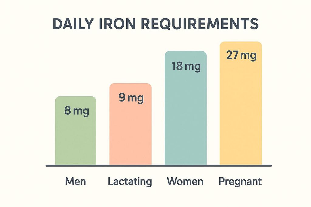Bar chart showing daily iron requirements: 8 mg for men, 9 mg for lactating women, 18 mg for women, and 27 mg for pregnant women.