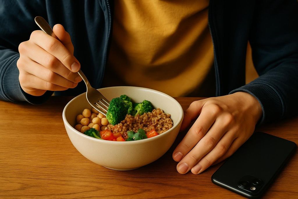 A person is eating a bowl of chickpeas, broccoli, and grains with a fork. Their phone is placed face-down on the wooden table next to the bowl, emphasizing mindful eating.