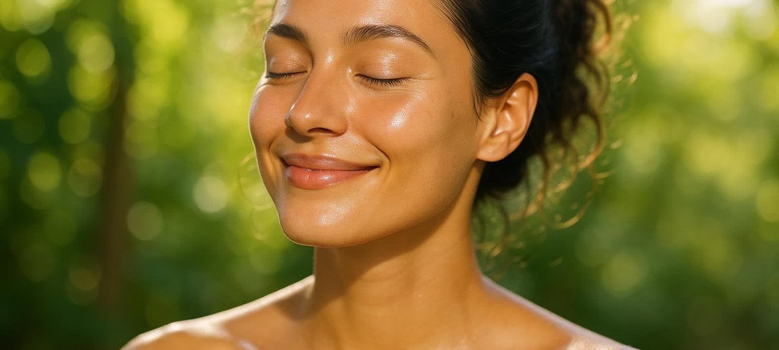A woman with her eyes closed, smiling peacefully in natural sunlight, emphasizing her radiant, healthy-looking skin with a natural glow. The background is a soft, blurred green.