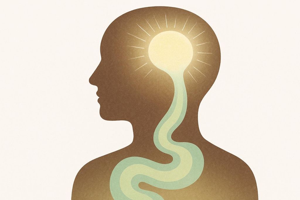 Illustration depicting the GLP-1 mechanism, showing how signals originate in the gut, travel up a winding green path through the body, and activate the brain's reward centers, represented by a glowing area in the head, to reduce appetite.