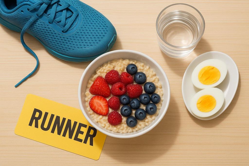 A flat lay of a balanced breakfast for runners, featuring oatmeal with strawberries, raspberries, and blueberries, two hard-boiled egg halves, a glass of water, a blue running shoe, and a yellow card with the word 'RUNNER' in block letters.