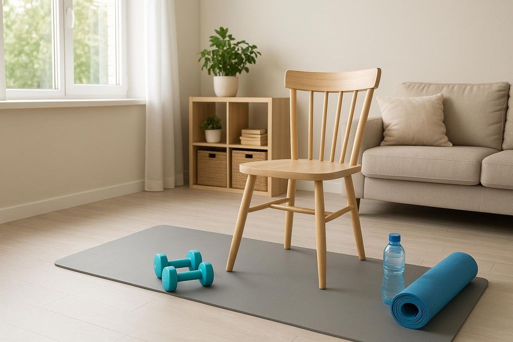 A photograph showing a light-filled, clutter-free home exercise space with a grey yoga mat, a pair of light blue dumbbells, a wooden chair, a water bottle, and a rolled-up blue yoga mat on a light wooden floor. A beige couch and a wooden shelf with plants are in the background, promoting a safe environment for exercise and fall prevention.