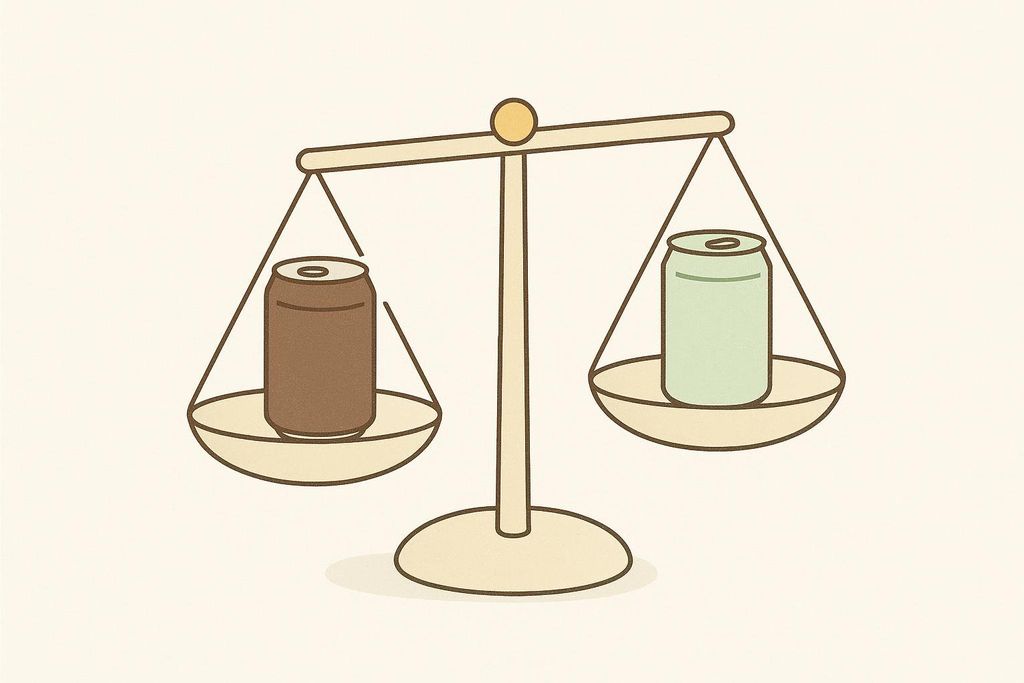 An illustration of a balance scale with a brown soda can on the left, tipping up, and a light green soda can on the right, tipping down. This indicates the light green soda is heavier or preferred.