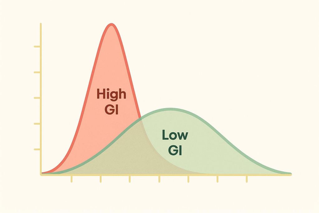A line graph showing two curves: a steep, red curve labeled 'High GI' and a flatter, green curve labeled 'Low GI'. The High GI curve rises sharply and peaks, while the Low GI curve rises more gradually and is broader.