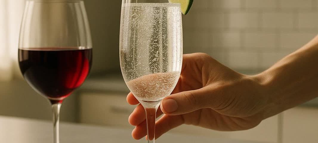 A person's hand holds a glass of sparkling water with a lime wedge, positioned slightly in front of and to the right of a glass of red wine, suggesting a choice for a non-alcoholic drink.