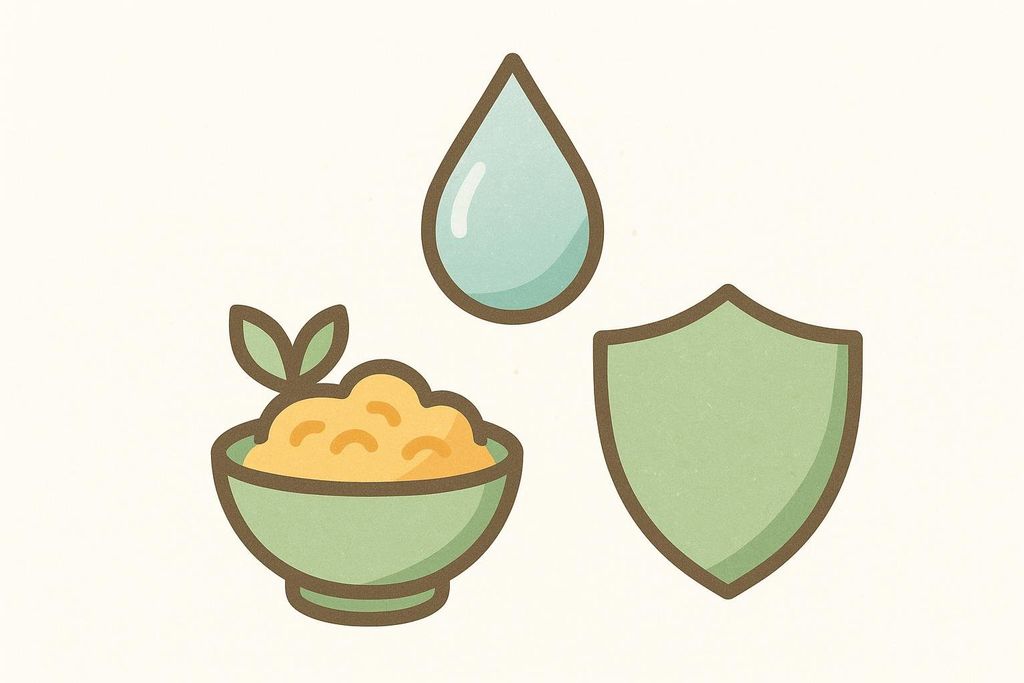 A stylized illustration showing three icons on a textured beige background: a green bowl overflowing with golden food and topped with green leaves, a light blue water droplet, and a pale green shield.