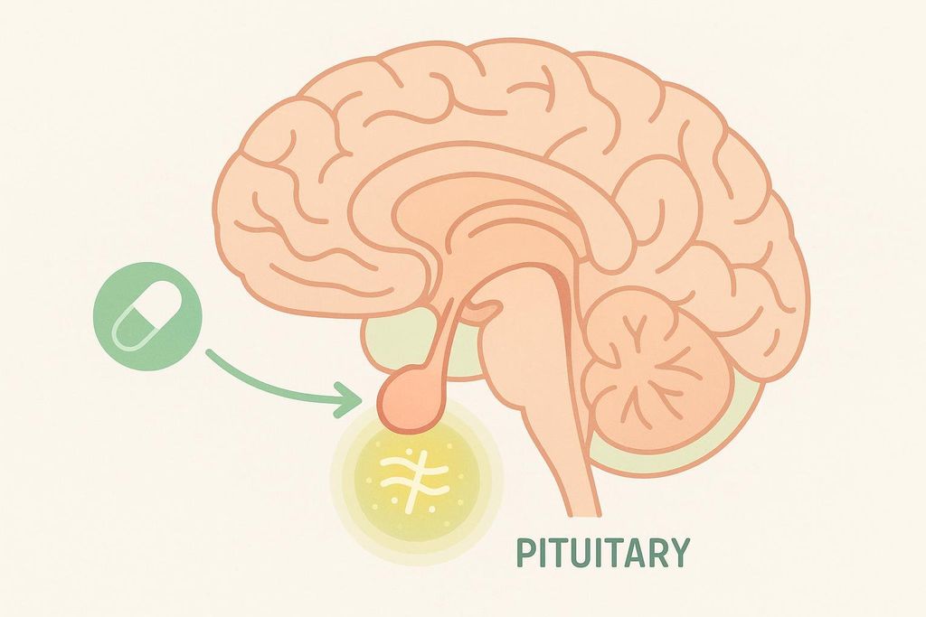 Illustration showing a pill symbol with an arrow pointing to the pituitary gland in a diagram of the brain, indicating how it increases hormone release.