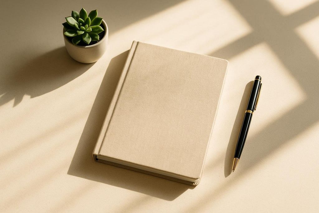 An overhead shot of a light-colored desk with a closed journal, a black and gold pen, and a small green succulent plant. Sunlight casts shadows across the desk.