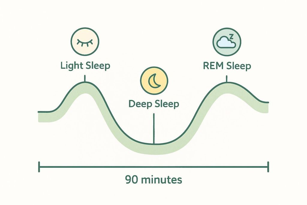 A simple diagram showing the stages of a 90-minute sleep cycle as a wave, including light, deep, and REM sleep.