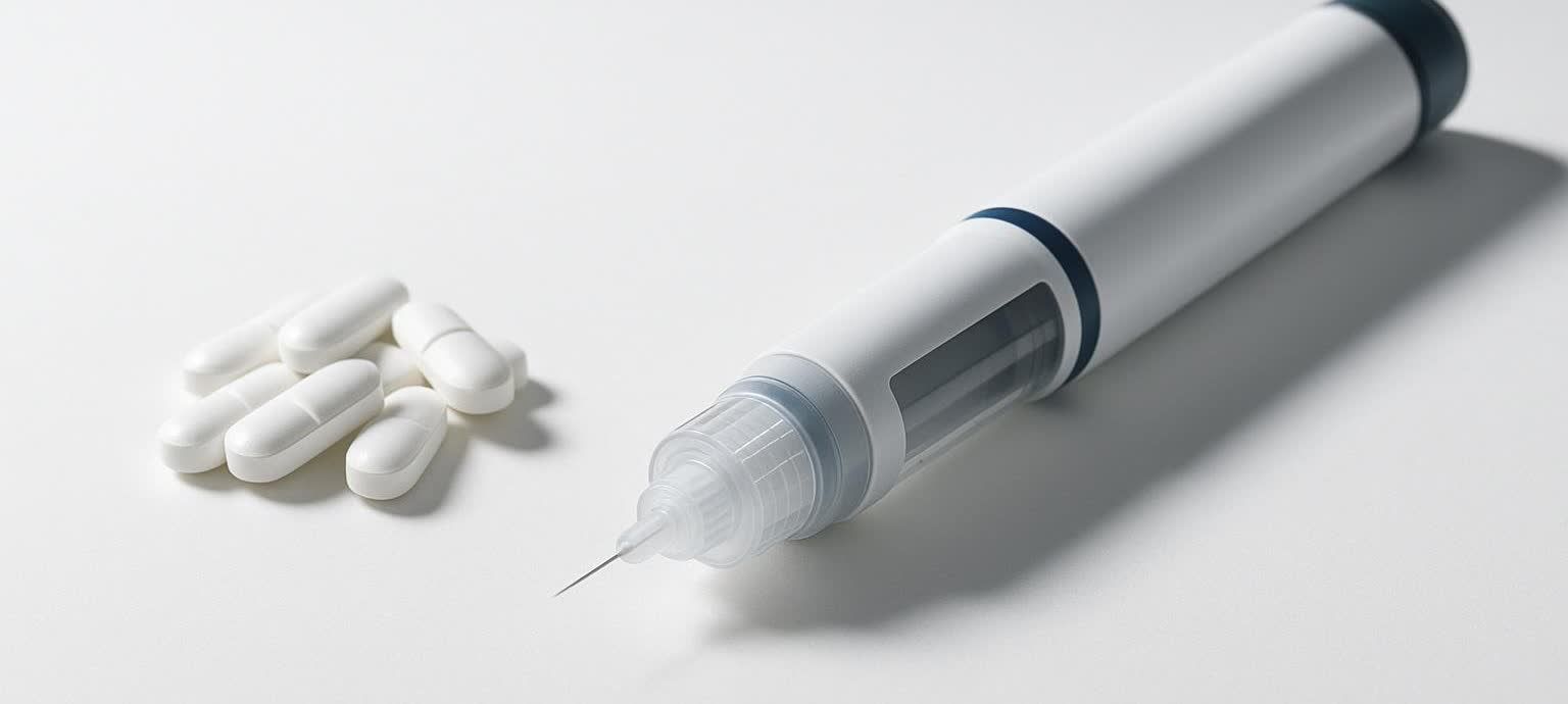 A white medical injection pen with a needle is positioned next to a small scattered pile of white oval pills on a clean white surface with soft shadows.