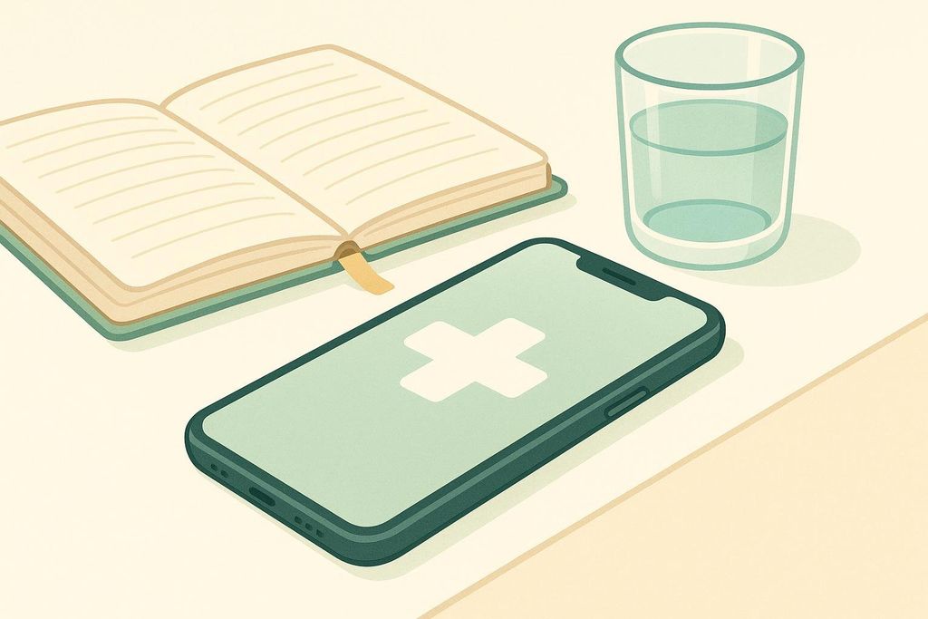 An illustration showing a smartphone with a white cross (medical icon) on its screen, an open diary with a bookmark, and a glass of water, all arranged on a light-colored surface.