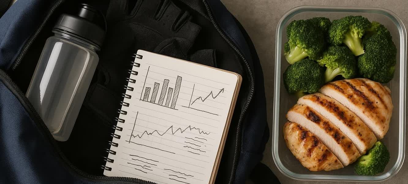 A flat-lay image showing a navy gym bag with a clear water bottle and black fitness gloves, a spiral-bound notebook with hand-drawn graphs, and a glass meal prep container filled with sliced grilled chicken breast and broccoli.
