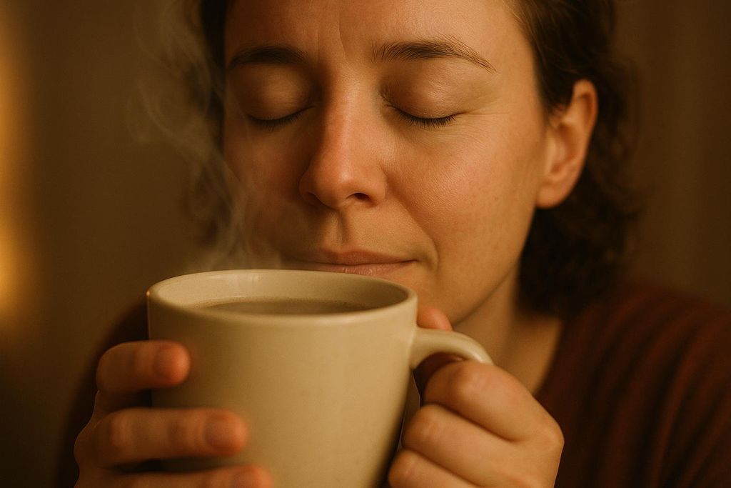 A person with closed eyes gently inhales steam from a warm beverage in a mug, possibly for comfort or congestion relief, with soft lighting on their face.