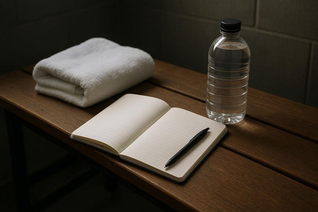 A white folded towel, an open blank notebook with a pen, and a clear water bottle on a dark brown wooden gym bench.