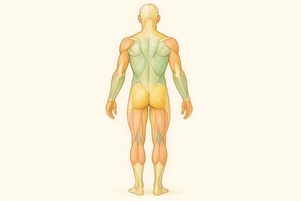 A stylized anatomical chart depicting the major muscles on the back of the human body, with muscles colored in shades of green, orange, and yellow.