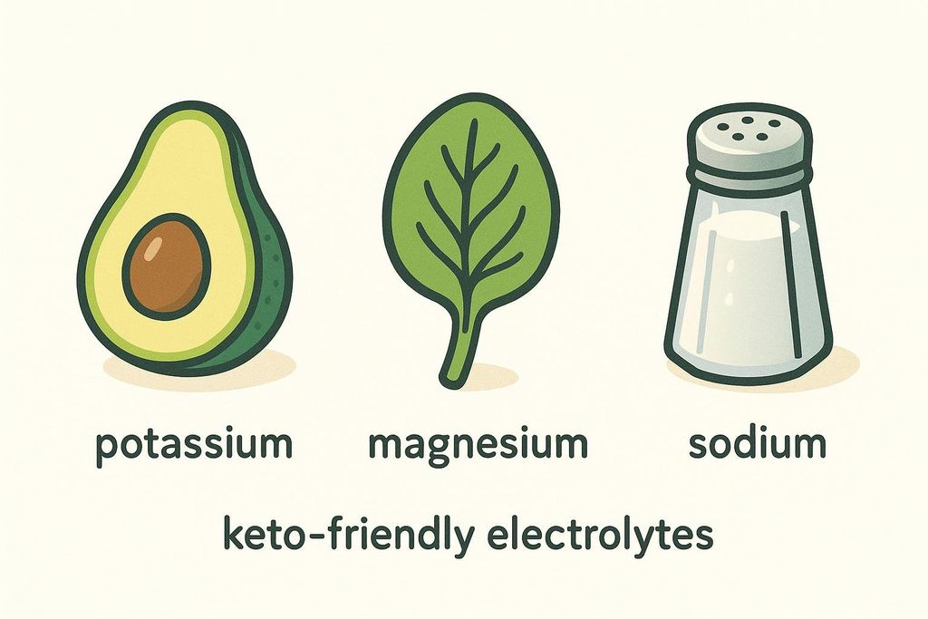 Illustrated icons of keto-friendly electrolyte sources: an avocado representing potassium, a spinach leaf for magnesium, and a salt shaker for sodium. The text below the icons reads 'potassium', 'magnesium', 'sodium', and 'keto-friendly electrolytes'.