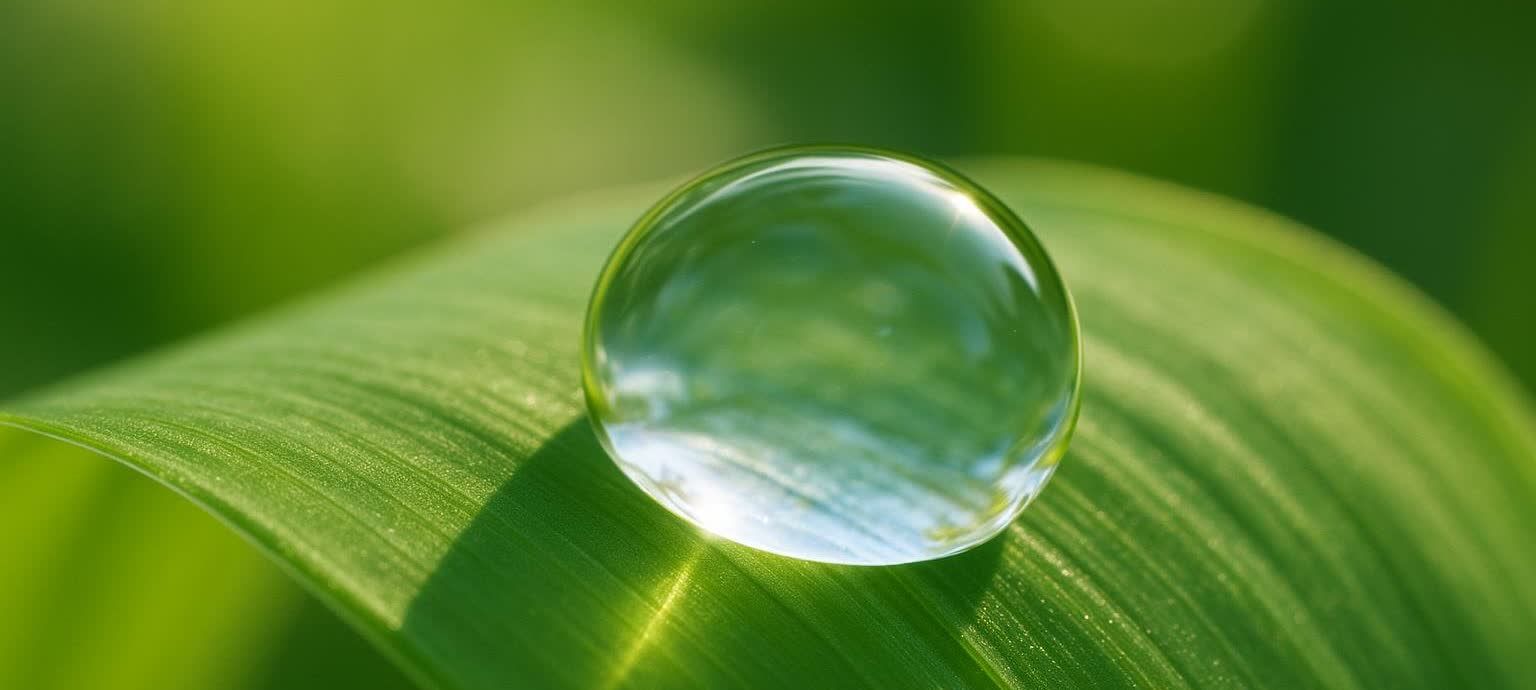 A close-up shot of a single, perfectly spherical water droplet resting on a vibrant green leaf. The droplet reflects light and the surrounding environment, and the leaf shows fine texture.