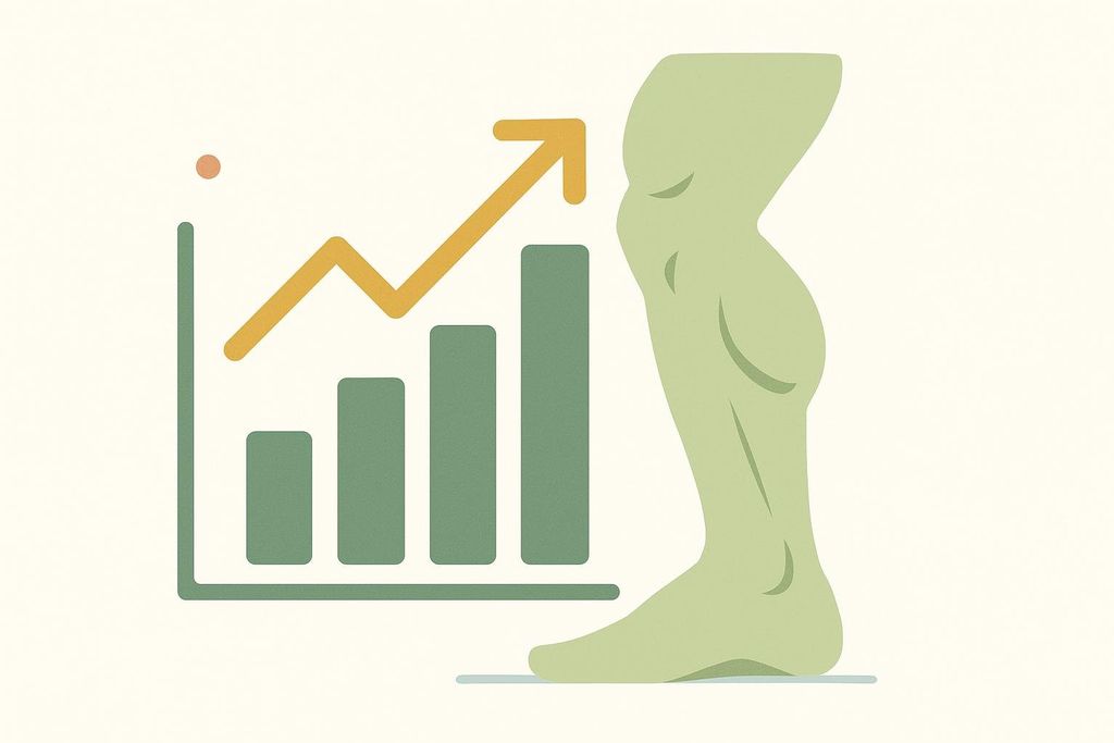 An illustration of an upward-trending line chart and bar graph next to a green silhouette of a muscular human leg, from the knee down to the foot.
