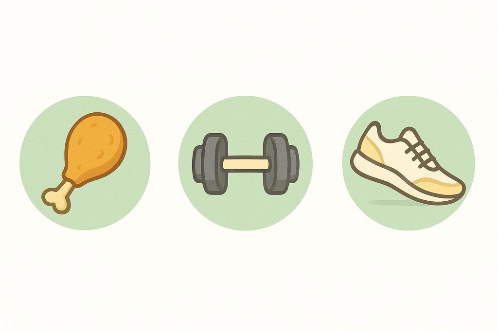 Icons representing a chicken drumstick for protein, a barbell for strength training, and a running shoe for cardio, symbolizing the key components for improving body composition.