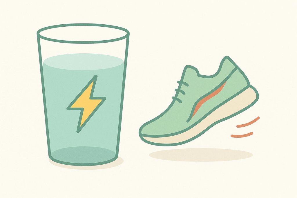 An illustration depicting a glass of water with a yellow lightning bolt, symbolizing hydration and electrolytes, next to a green running shoe with lines indicating movement, symbolizing activity and short walks.
