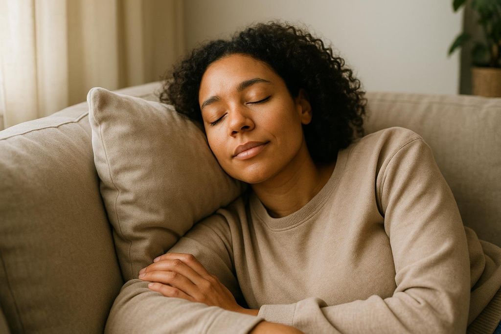 A close-up of a woman with curly hair, wearing a beige sweatshirt, resting peacefully with her eyes closed on a beige couch, her head on a cushion.