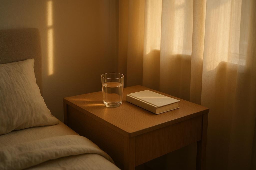 A tranquil bedside scene with a glass of water and a plain white book on a wooden nightstand, illuminated by warm sunlight filtering through sheer curtains in the morning.