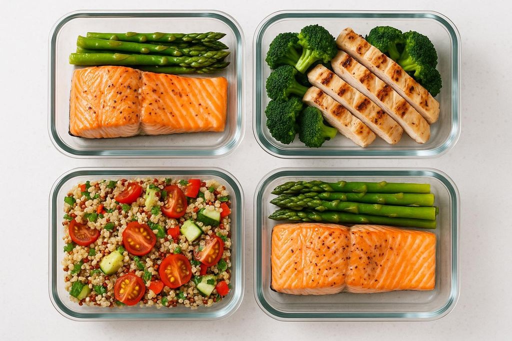 Four clear glass meal prep containers arranged neatly, each filled with healthy food. Top left contains salmon and asparagus. Top right contains grilled chicken breast strips and broccoli florets. Bottom left contains quinoa salad with diced tomatoes and cucumbers. Bottom right contains another portion of salmon and asparagus.