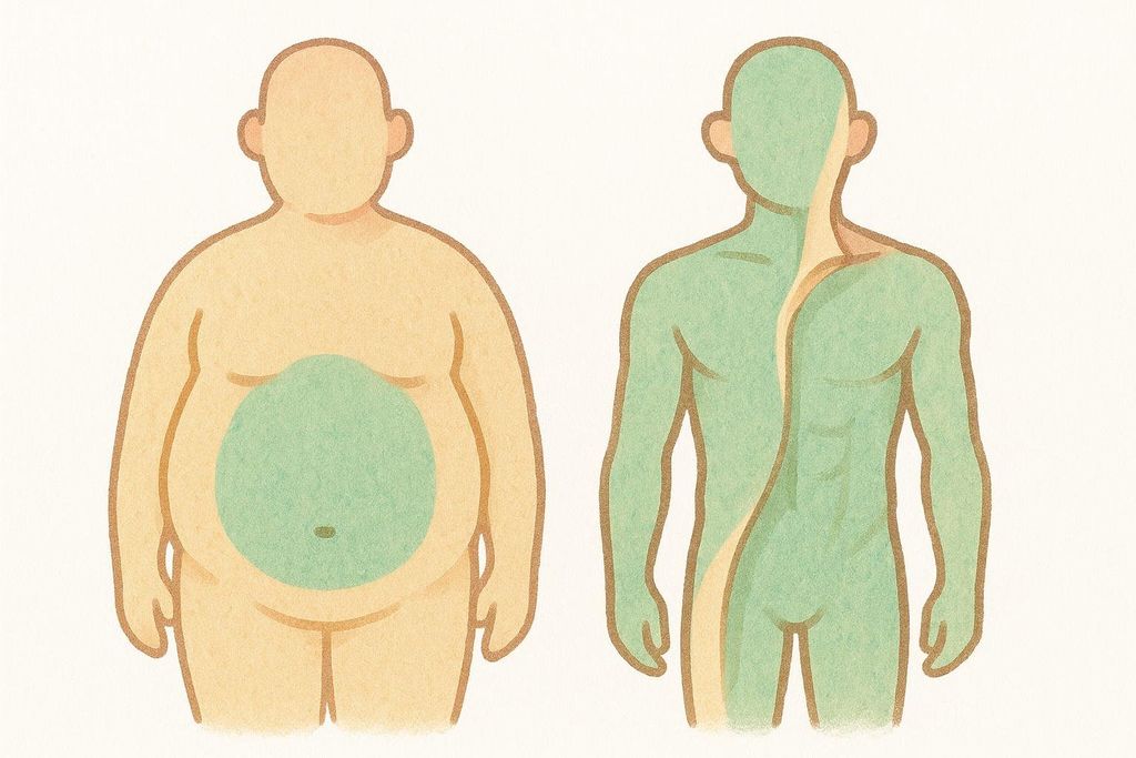 Illustration showing how reducing an outer fat layer reveals defined inner muscle.