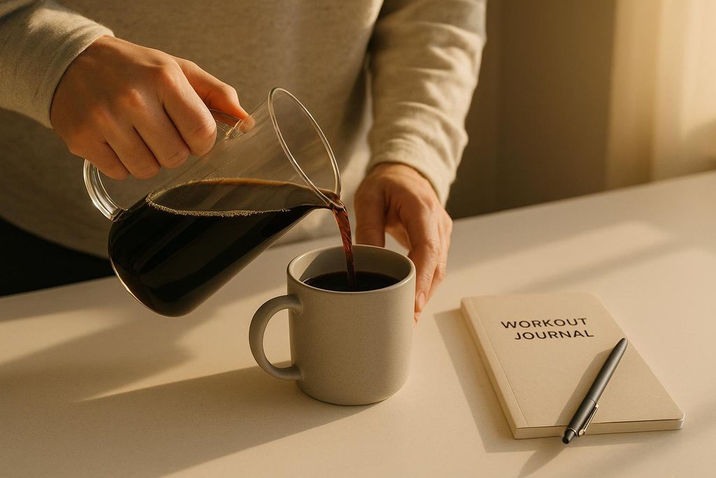 A person pouring black coffee from a glass carafe into a mug. A "WORKOUT JOURNAL" and a pen are visible on the table beside the mug, suggesting preparation for a fasted training session.