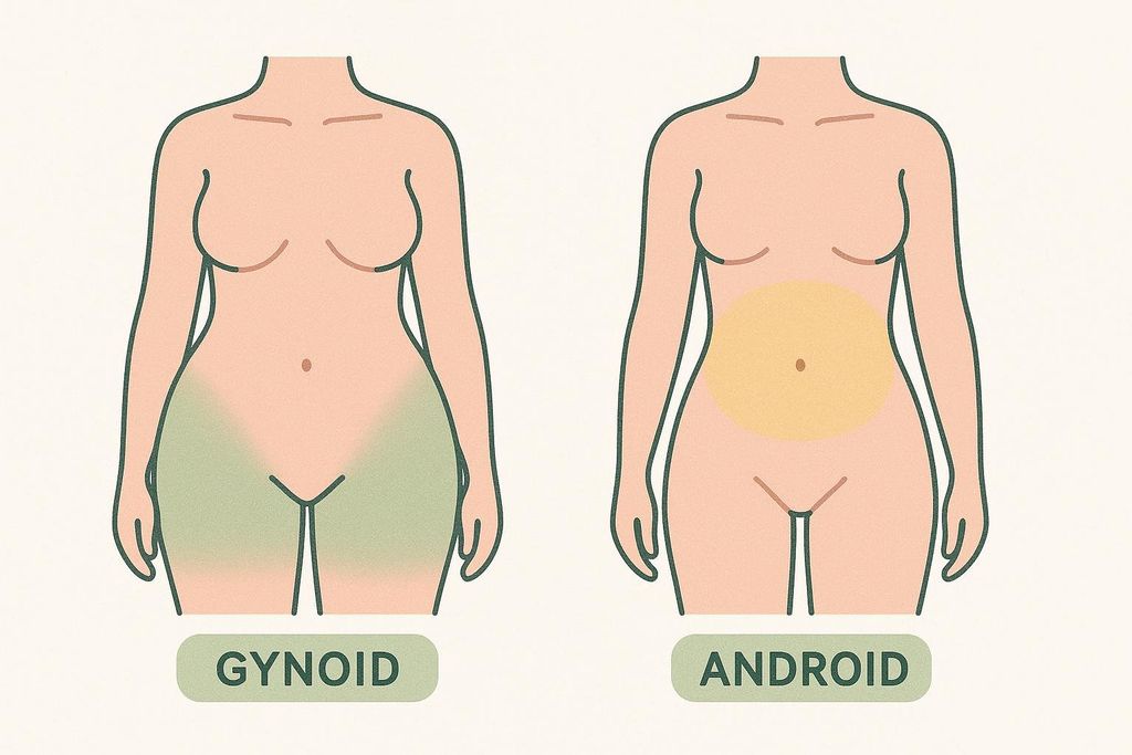 Illustration comparing gynoid fat distribution on the hips and thighs versus android fat distribution on the abdomen. The gynoid figure has green shaded areas on her lower body representing fat, while the android figure has a yellow shaded oval on her abdomen.