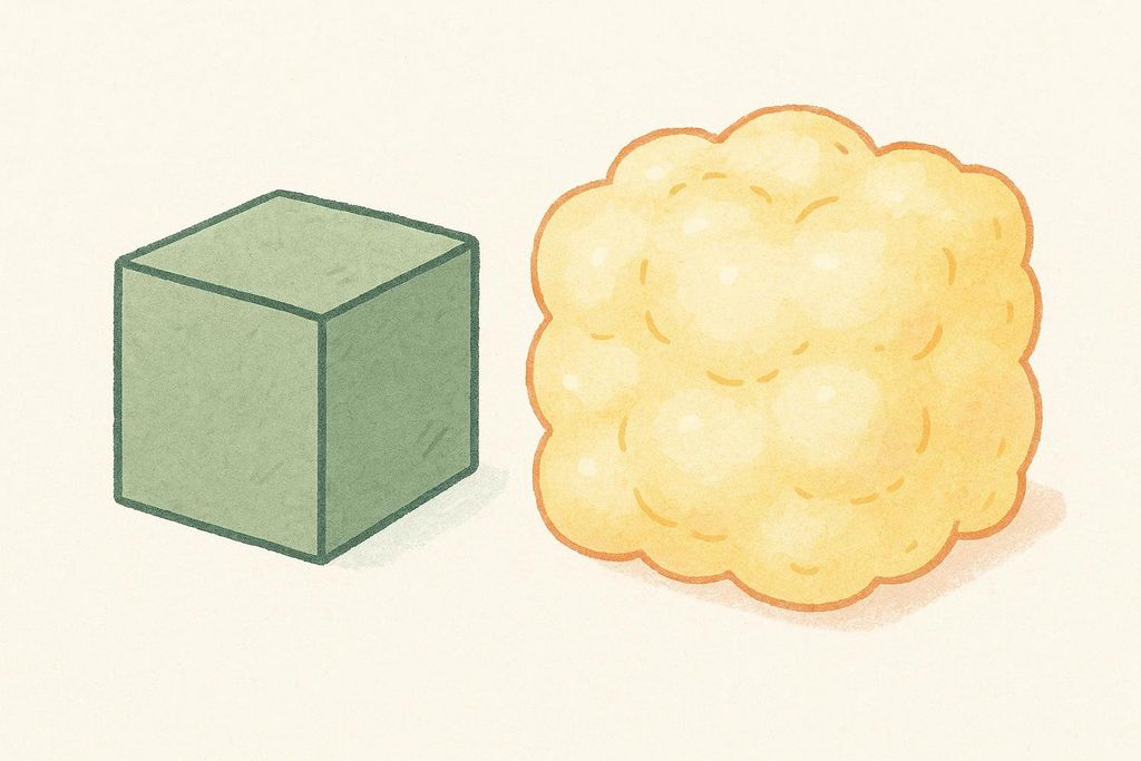 An illustration comparing the density of muscle and fat. On the left is a green cube representing muscle, and on the right is a larger, cloud-like, yellow shape representing fat, implying that muscle is denser than an equal mass of fat.