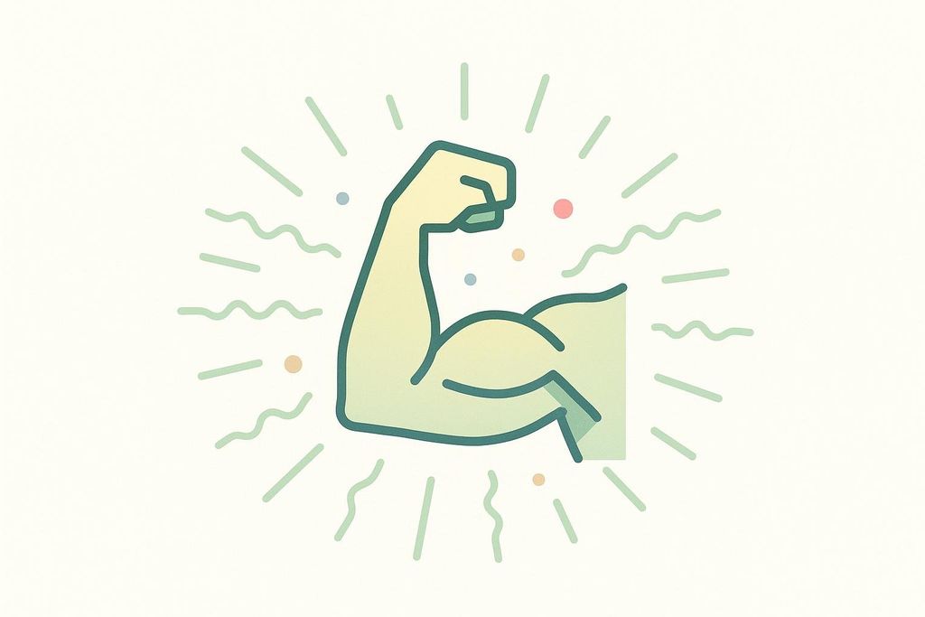 An abstract illustration of a flexing bicep with an aura of radiating lines and dots, visually representing muscle activation or strength.
