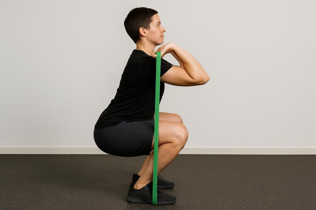 A person demonstrating the correct form for a resistance band front-rack squat. The green band is under their feet and looped over their shoulders, with knees bent and back straight in a lowered squat position.