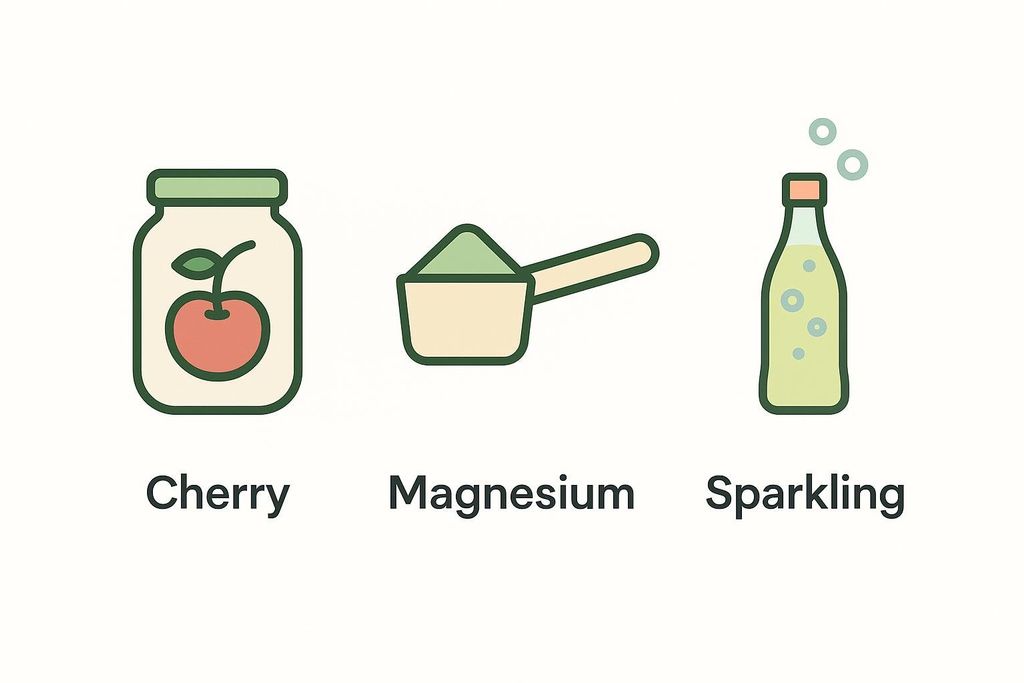An infographic showing three icons: a jar with a cherry labeled 'Cherry', a scoop of powder labeled 'Magnesium', and a bottle with bubbles labeled 'Sparkling'.