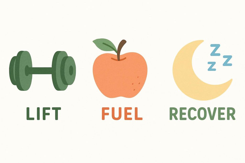 Icons representing Lift (dumbbell), Fuel (apple), and Recover (moon), the three pillars for fixing skinny fat.