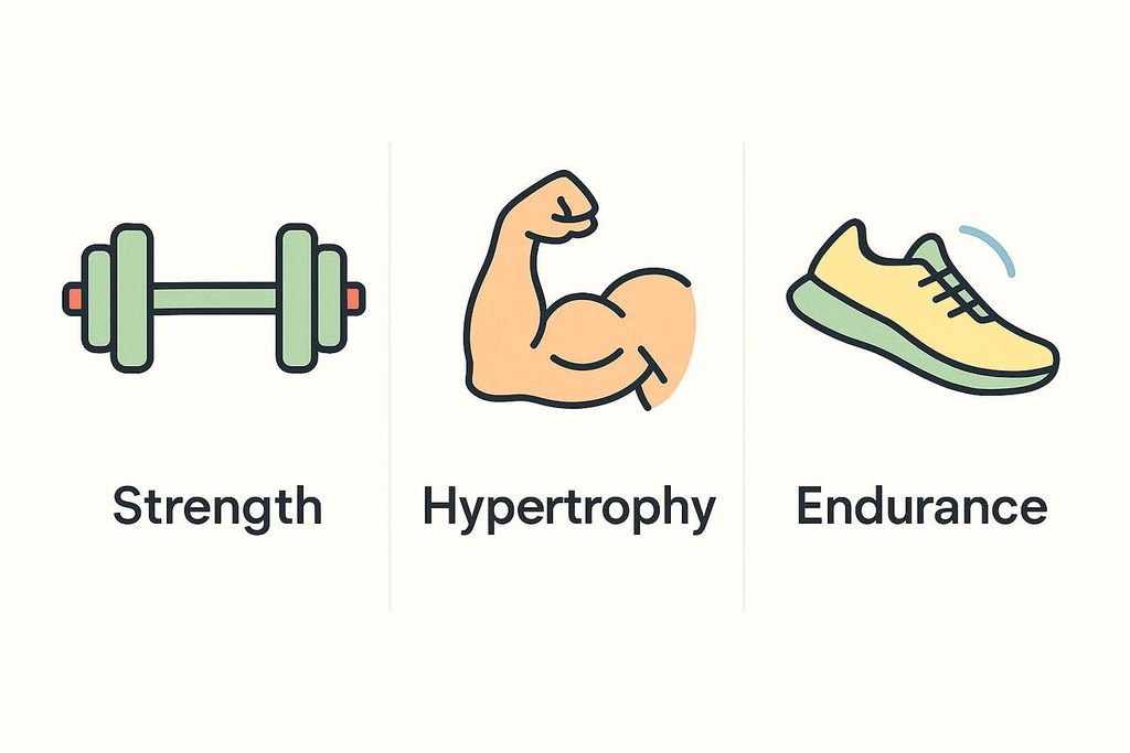 Three icons representing fitness goals: a dumbbell for strength, a flexed arm for hypertrophy, and a running shoe for endurance. Each icon has its respective goal labeled underneath.