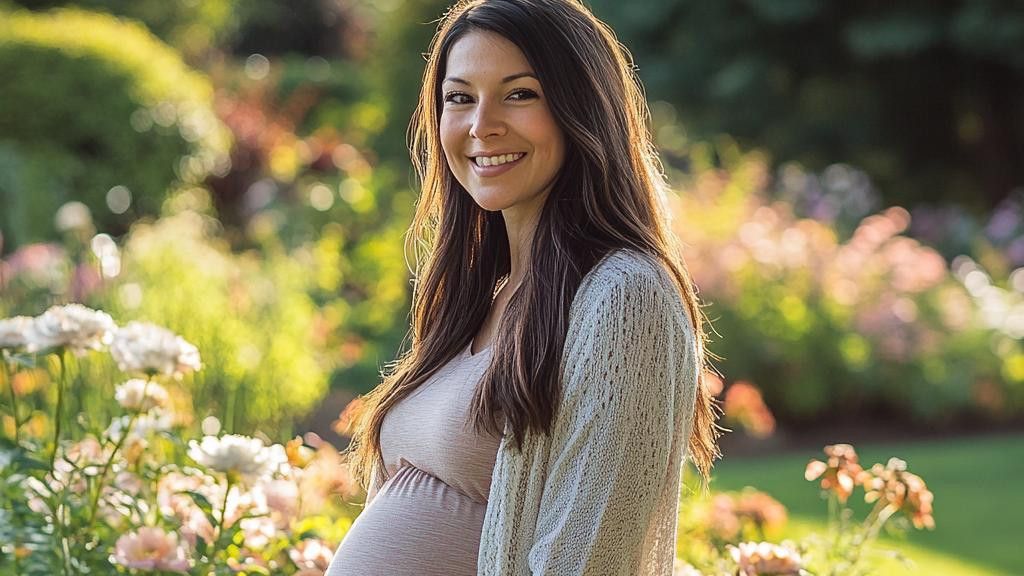 A pregnant woman is smiling and looking to the left in a sunlit garden.