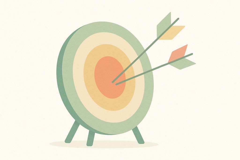 An illustration of an archery target with two arrows hitting the center bullseye. The target is in muted tones of green, yellow, and orange.